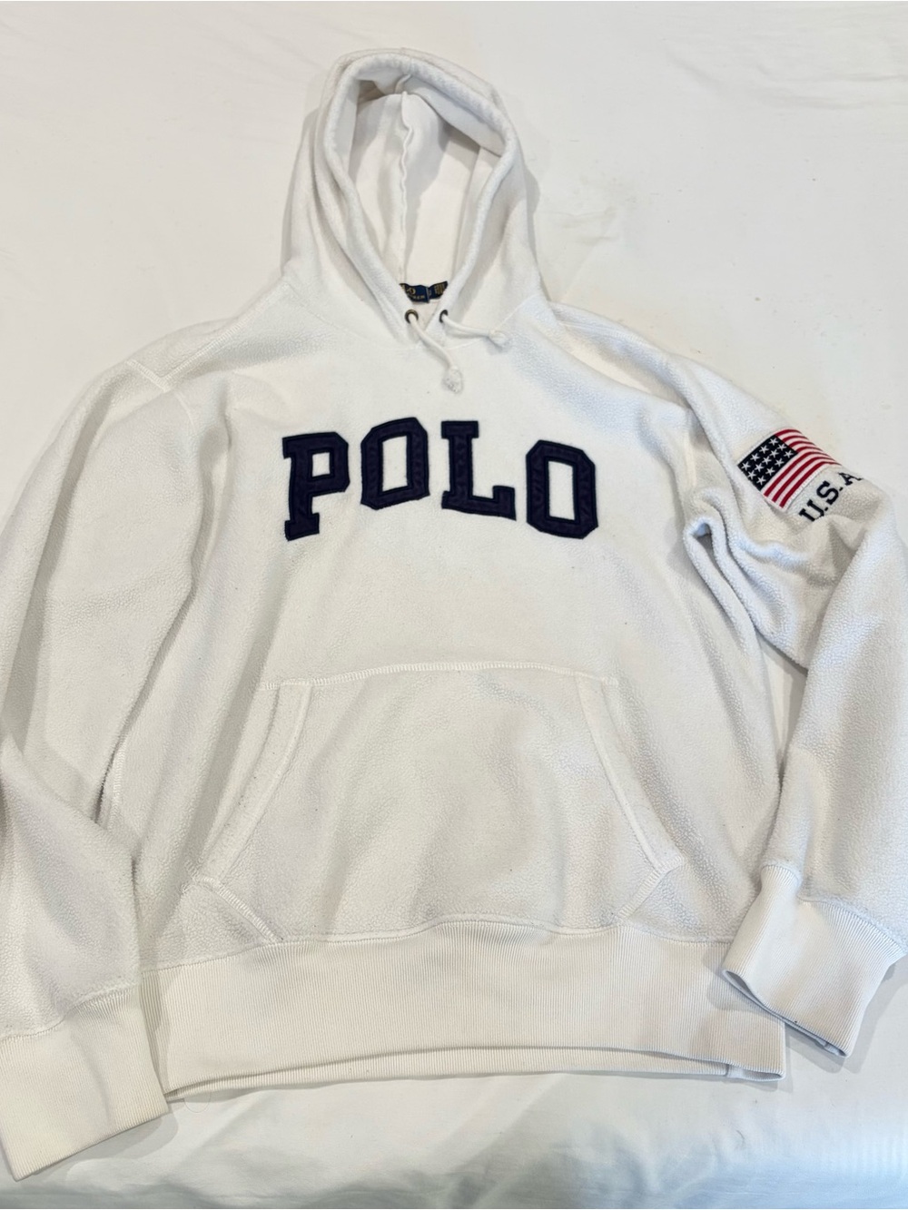 Polo by Ralph Lauren White Hoodie with Navy POLO Appliqué and Flag Patch